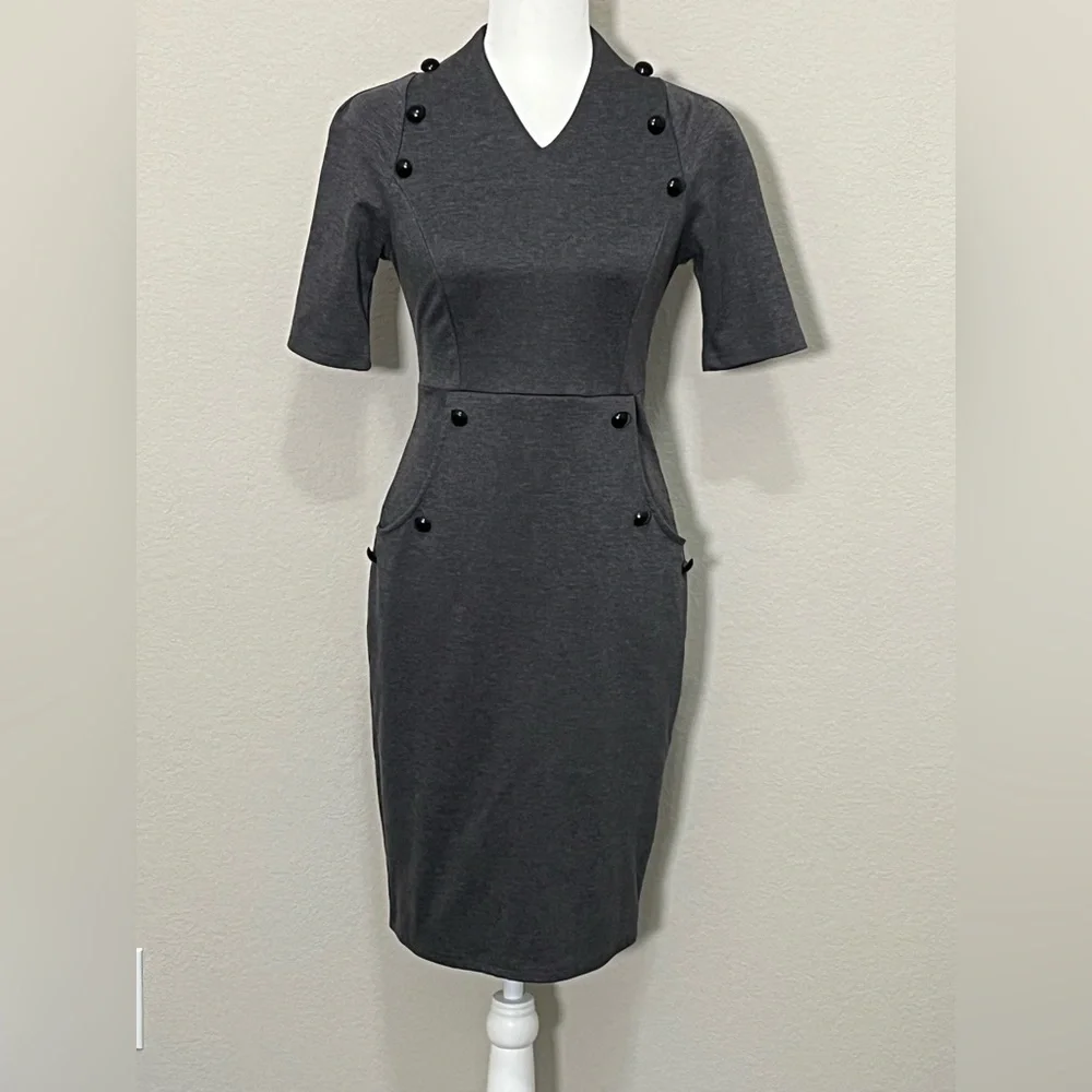Grace Karin Gray Old Money Double Breasted Button Wiggle Pencil Dress Size S - Picture 15 of 16